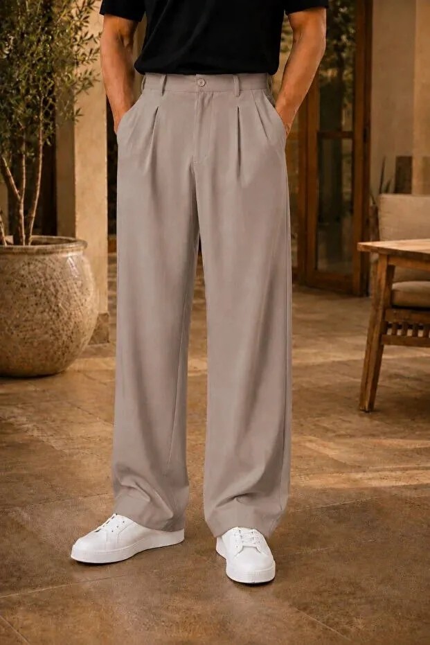 Ser Joven Erkek Lacivert Baggy Fit Rahat Kesim Pileli Kumaş Pantolon