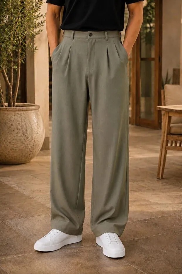 Ser Joven Erkek Lacivert Baggy Fit Rahat Kesim Pileli Kumaş Pantolon