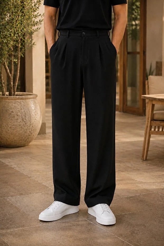Ser Joven Erkek Lacivert Baggy Fit Rahat Kesim Pileli Kumaş Pantolon