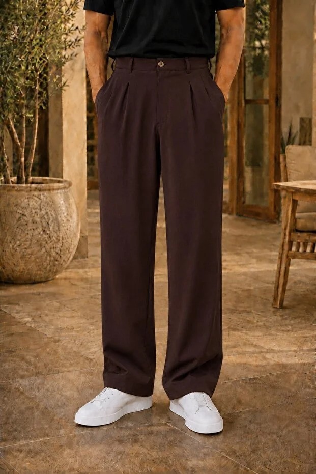 Modamesto Erkek Siyah Baggy Fit Rahat Kesim Pileli Kumaş Pantolon görsel 8