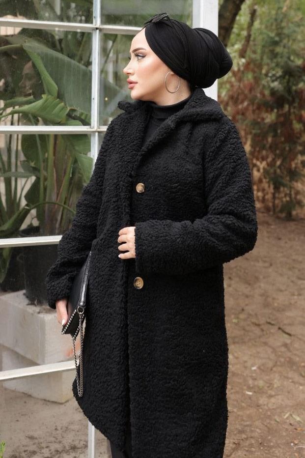 Hafsa Mina Kruvaze Yaka Peluş Mont Siyah HM2507