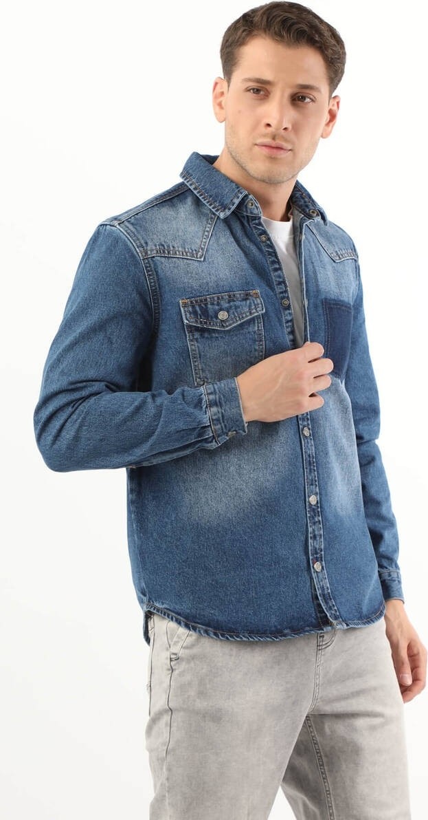Blue White Erkek Cep Yıkamalı Jean Gömlek Koyu Mavi görsel 4