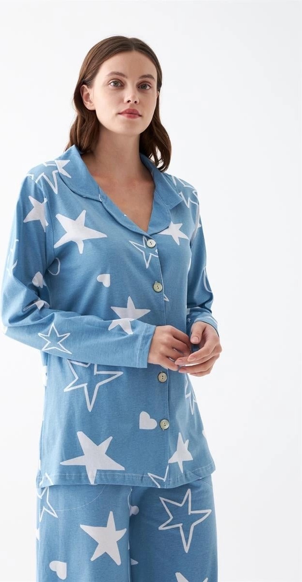 mery Kadın Mavi Yıldız Desenli Düğmeli Pamuklu Pijama Takımı Mery