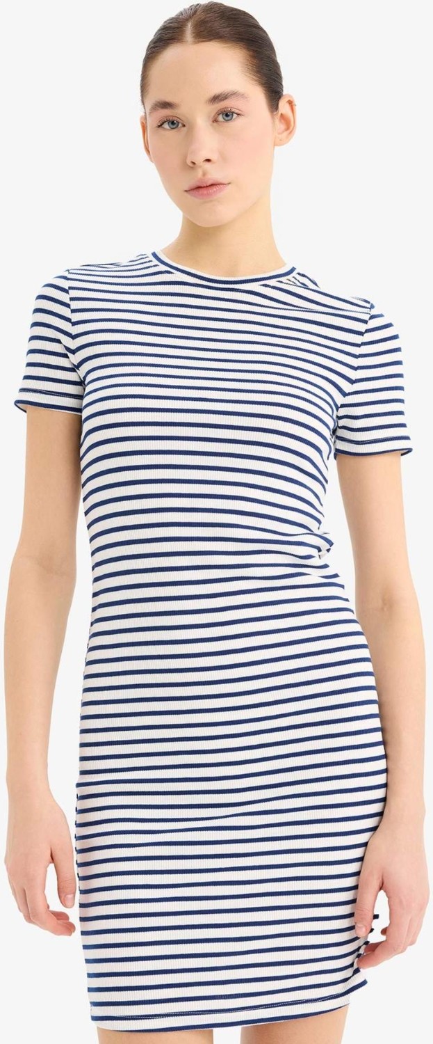 DeFacto Bodycon Vücudu Saran Bisiklet Yaka Çizgili Fitilli Kısa Kollu Mini Elbise C1733AX25SP görsel 4