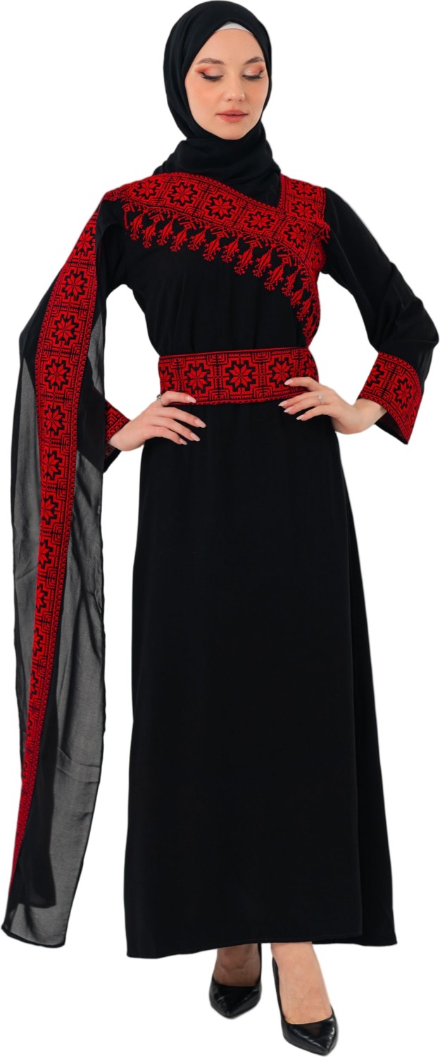 Zaytoon Tesettür Elbise Filistin Nakışlı Eğimli Omuz Uzun Açık Kollu Siyah M-3XL