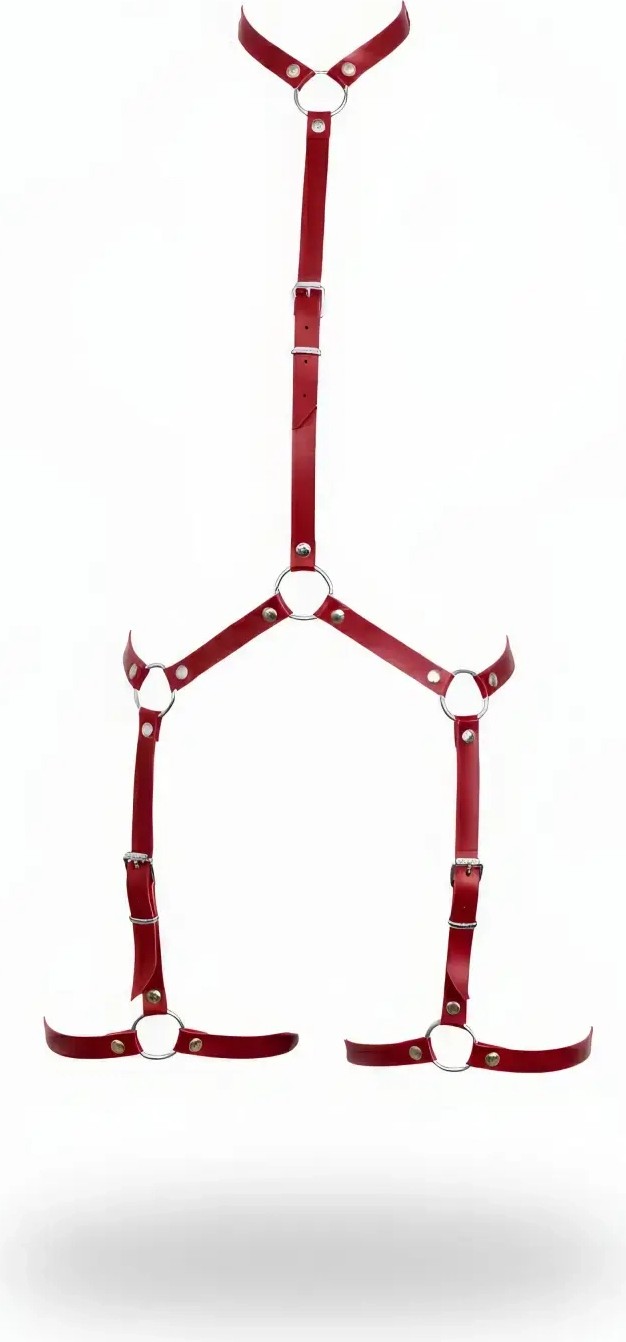Moda Şahsenem Kırmızı Kadın Body Harness Boyun ve Bacak Detaylı Metal Halkalı - BRF234