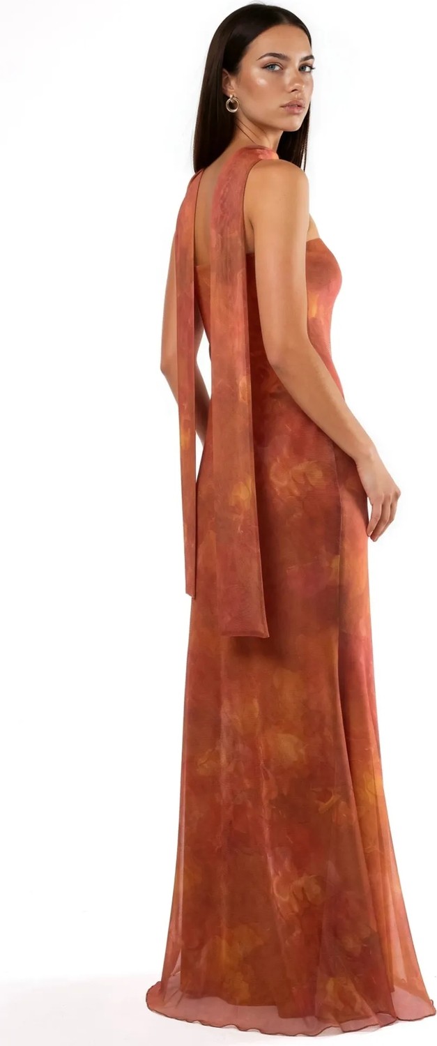 Hiccup Kadınlar Straplez Çiçek Desenli Tül Kuşaklı Bodycon Maxi Elbise Parlak Turuncu görsel 2