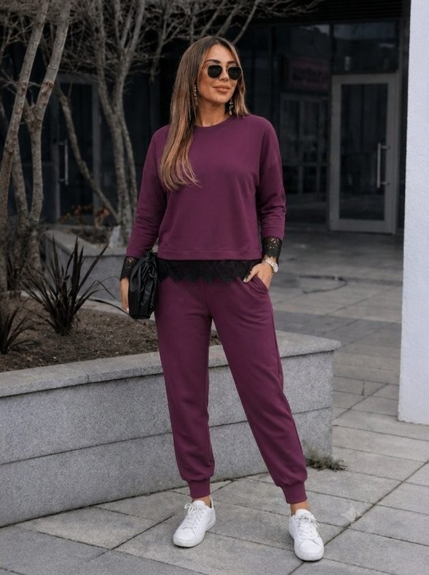 Trend Cojans Kadın Uzun Kollu Bisiklet Yakalı Dantelli Viskon Iki Iplik Bluz ve Pantolon Ikili Takım görsel 2