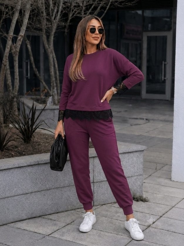 Trend Cojans Kadın Uzun Kollu Bisiklet Yakalı Dantelli Viskon Iki Iplik Bluz ve Pantolon Ikili Takım görsel 3