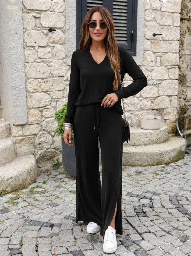 Trend Cojans Kadın Uzun Kollu V Yakalı Viskon Iki Iplik Bluz ve Yırtmaç Detaylı Pantolon Ikili Takım görsel 3