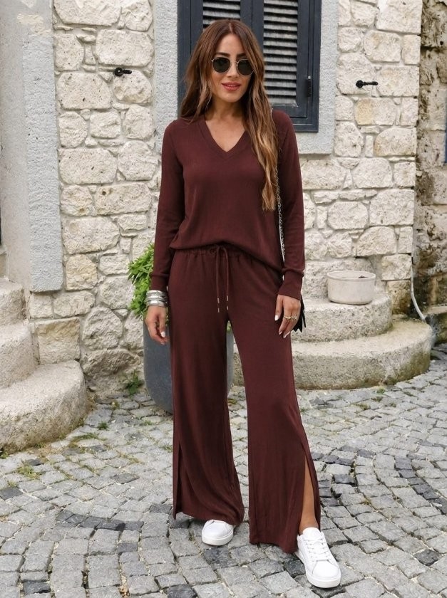 Trend Cojans Kadın Uzun Kollu V Yakalı Viskon Iki Iplik Bluz ve Yırtmaç Detaylı Pantolon Ikili Takım görsel 2