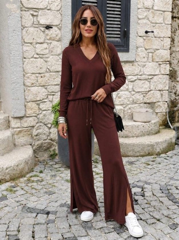 Trend Cojans Kadın Uzun Kollu V Yakalı Viskon Iki Iplik Bluz ve Yırtmaç Detaylı Pantolon Ikili Takım görsel 4