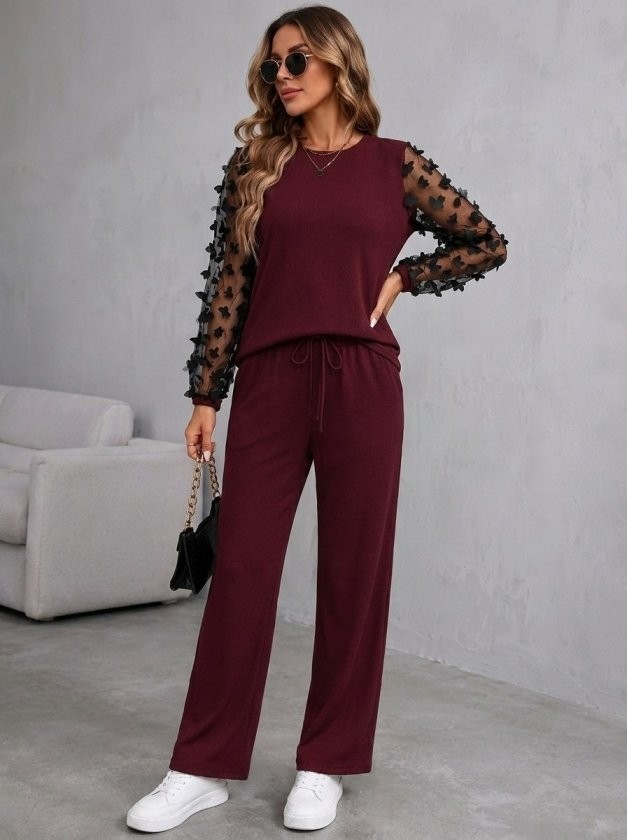 Gökyüzü Moda Kadın Uzun Kollu Bisiklet Yakalı Kolları Tullu Viskon Iki Iplik Bluz ve Pantolon Ikili Takım görsel 3