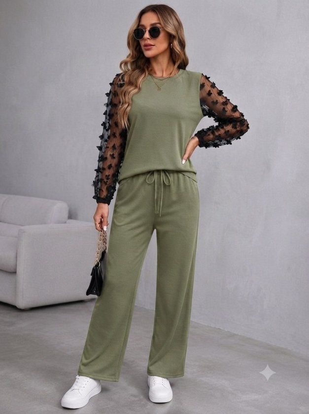 Gökyüzü Moda Kadın Uzun Kollu Bisiklet Yakalı Kolları Tullu Viskon Iki Iplik Bluz ve Pantolon Ikili Takım