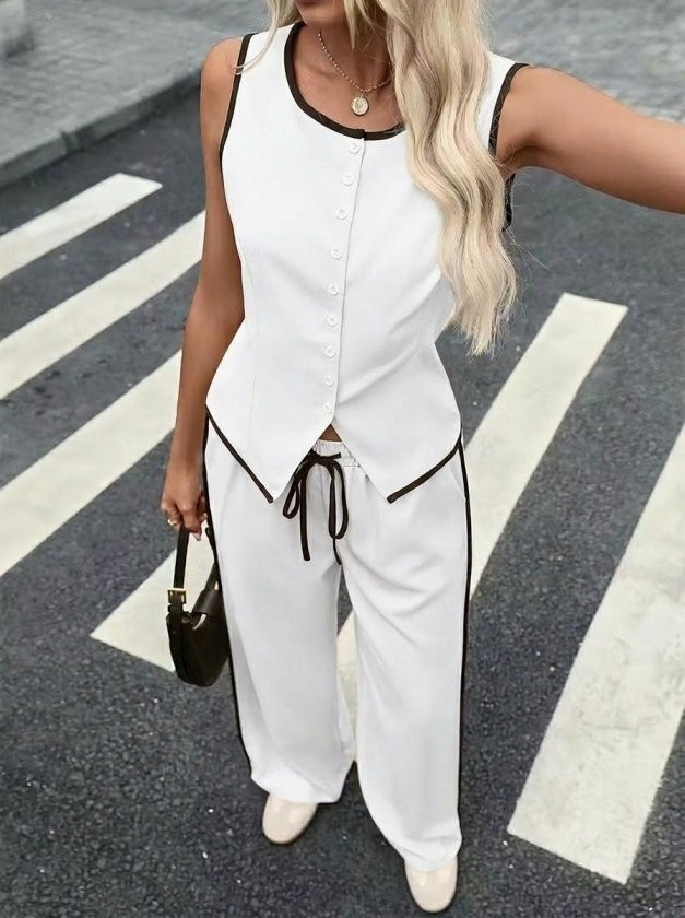 TeknoKapsül Kadın Kolsuz Önü Düğmeli Yelek ve Pantolon Ikili Takım - Beyaz / 2xl-3xl görsel 4