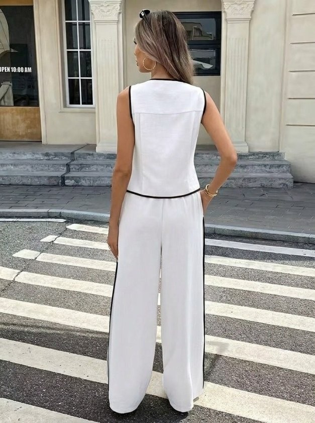 TeknoKapsül Kadın Kolsuz Önü Düğmeli Yelek ve Pantolon Ikili Takım - Beyaz / 2xl-3xl görsel 5