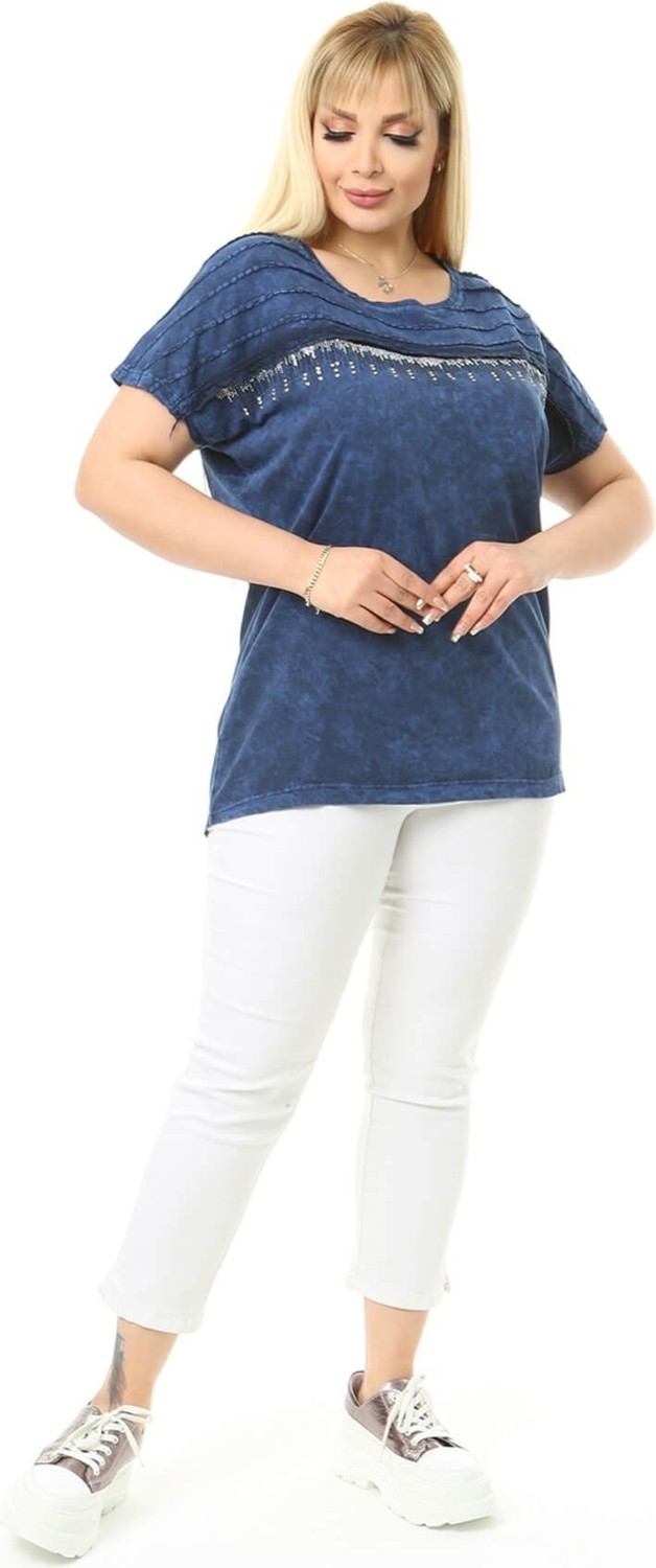 Mia Butik Büyük Beden Lacivert Omuzları Taş Detaylı Bluz görsel 3