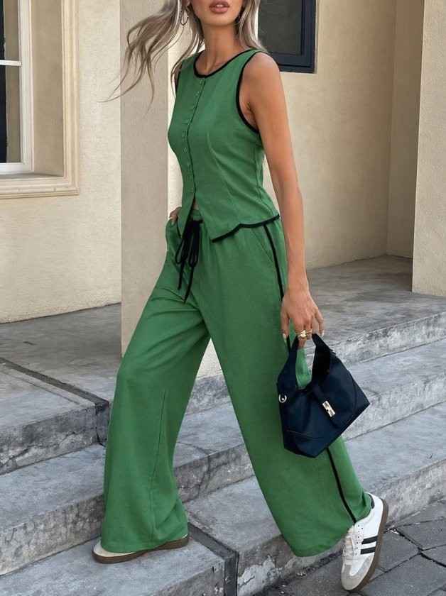 TeknoKapsül Kadın Kolsuz Önü Düğmeli Yelek ve Pantolon Ikili Takım - Yeşil / 2xl-3xl görsel 3