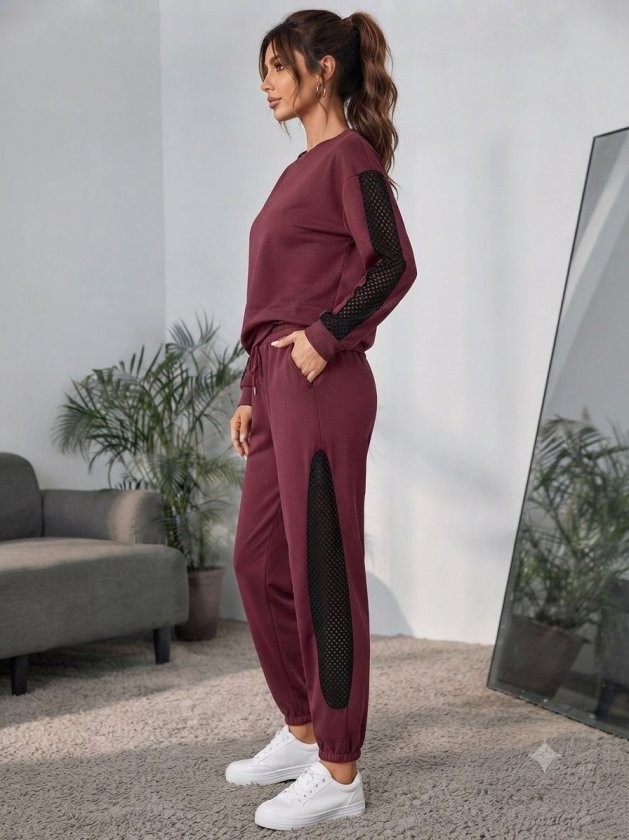 Gökyüzü Moda Kadın Uzun Kollu Bisiklet Yakalı File Tül Detaylı Viskon Iki Iplik Bluz ve Pantolon Ikili Takım görsel 3