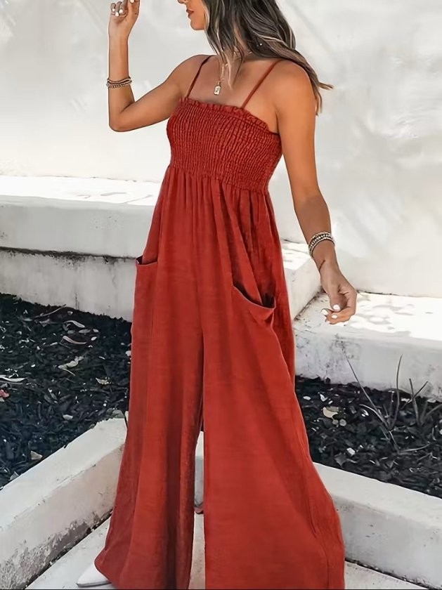 Janes Kadın Ip Askılı Göğsü Lastik Detaylı Cepli Uzun Sofya Tulum görsel 2