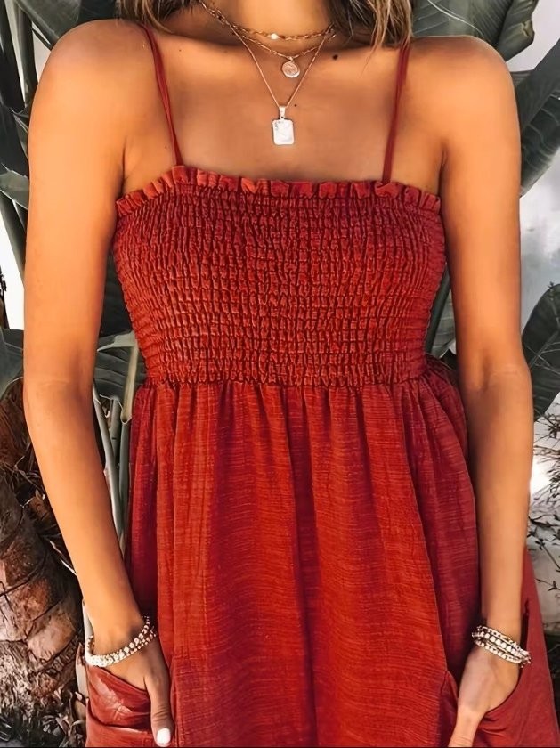 Janes Kadın Ip Askılı Göğsü Lastik Detaylı Cepli Uzun Sofya Tulum görsel 3