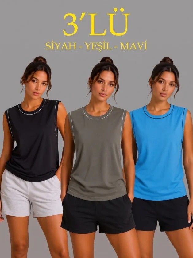 TeknoKapsül 3’lü Kolsuz Sporcu Atlet Seti Yazlık Bisiklet Yaka - Siyah, Haki, Mavi - Çok Renkli / M
