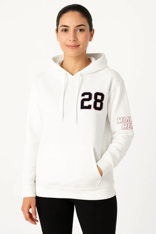 Üç Iplik Kapüşonlu Ön ve Arka Baskılı Sweatshirt Hoodie - Beyaz