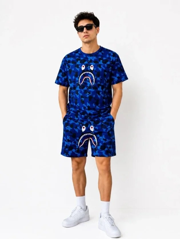 TeknoKapsül Erkek Oversize Kalıp Pubg Bape x Shark Nakışlı Cepli Şort Takım - Mavi - Mavi / L görsel 7