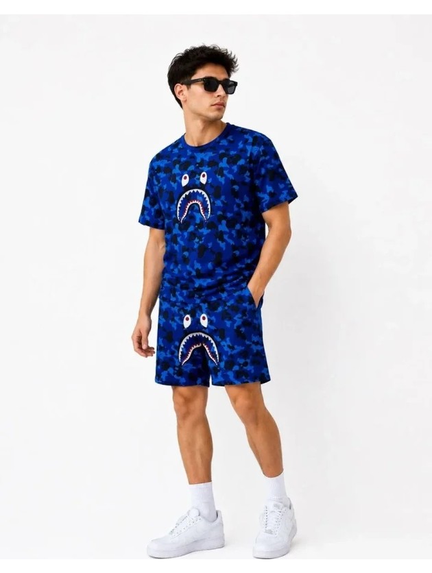 TeknoKapsül Erkek Oversize Kalıp Pubg Bape x Shark Nakışlı Cepli Şort Takım - Mavi - Mavi / L görsel 3