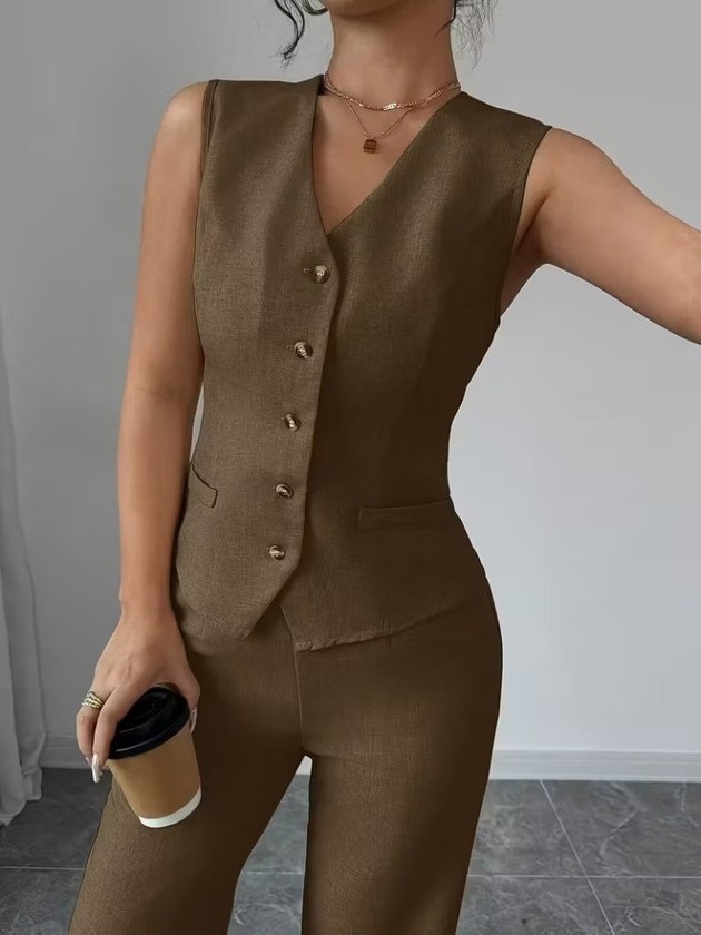 MÇ Plus Kadın Askılı Önden Düğmeli Bluz ve Pantolon Keten Ikili Takım görsel 5