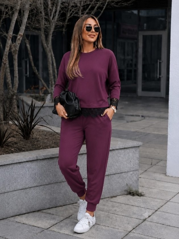 Trend Cojans Kadın Uzun Kollu Bisiklet Yakalı Dantelli Viskon Iki Iplik Bluz ve Pantolon Ikili Takım