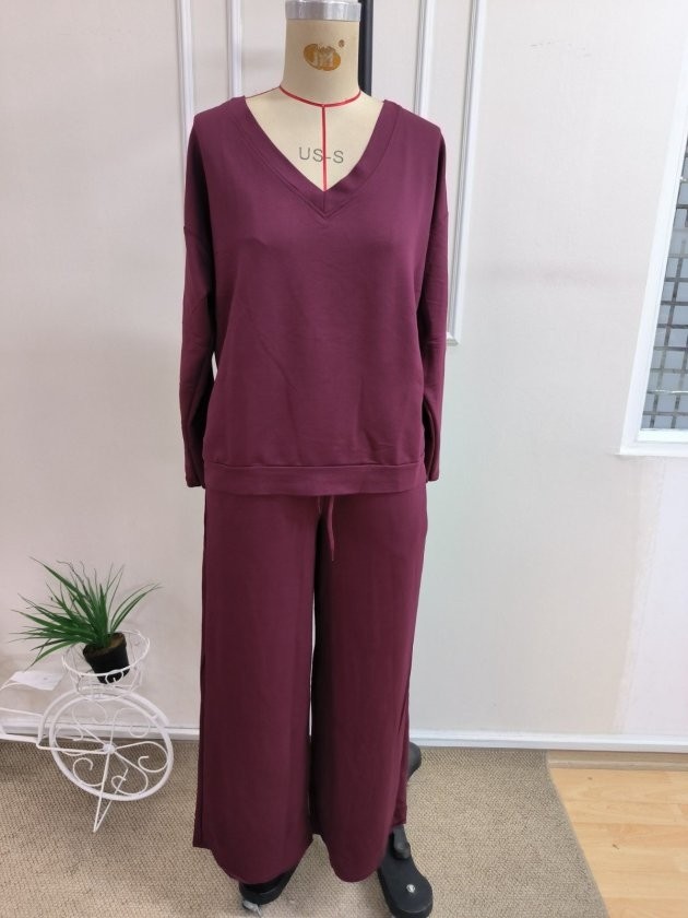 Trend Cojans Kadın Uzun Kollu V Yakalı Viskon Iki Iplik Bluz ve Belden Bağcıklı Pantolon Ikili Takım görsel 4