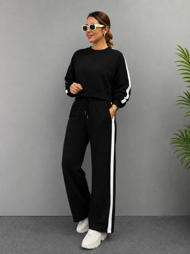 Trend Cojans Kadın Uzun Kollu Bisiklet Yakalı Kısa Viskon Ikı Iplik Bluz ve Pantolon Ikili Takım