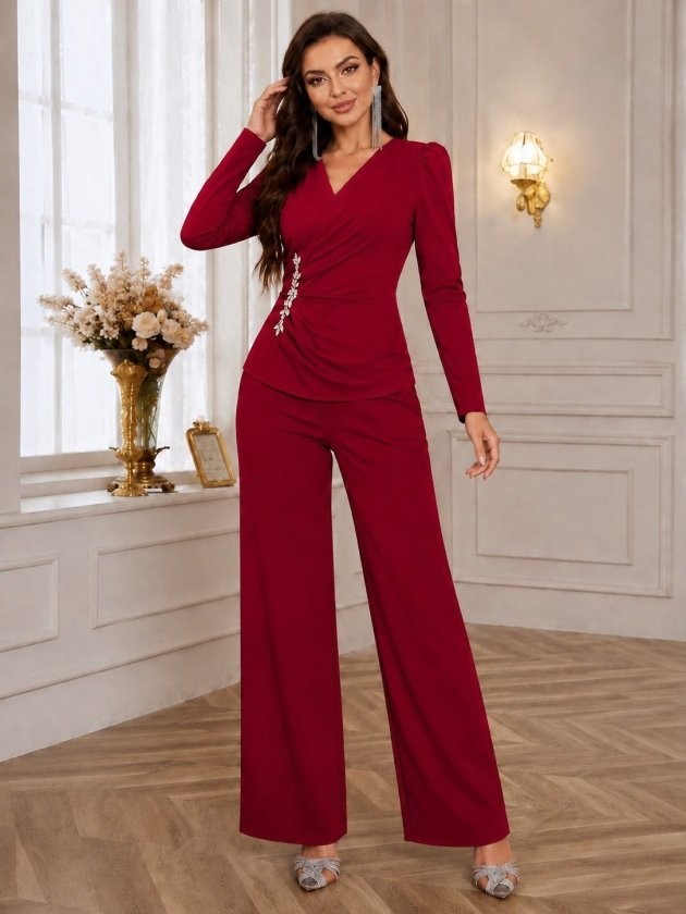 Trend Cojans Kadın Uzun Kollu Kruvaze Yakalı Yan Tarafı Taşlı Ithal Krep Bluz ve Pantolon Ikili Takım görsel 3