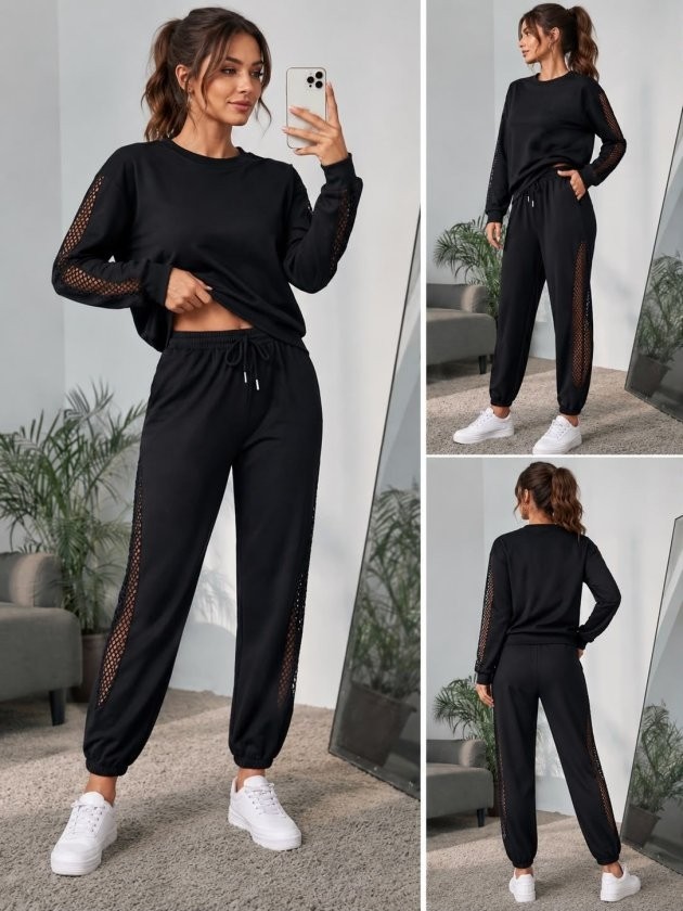 Gökyüzü Moda Kadın Uzun Kollu Bisiklet Yakalı File Tül Detaylı Viskon Iki Iplik Bluz ve Pantolon Ikili Takım
