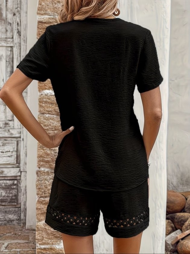 TeknoKapsül Kadın Kısa Kollu V Yakalı Bluz ve Short Ikili Takım - Siyah / L-Xl görsel 5