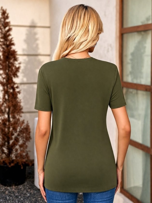TeknoKapsül Kadın Kısa Kollu V Yakalı Önü Düğmeli Viskon Bluz - Haki / L-Xl görsel 2