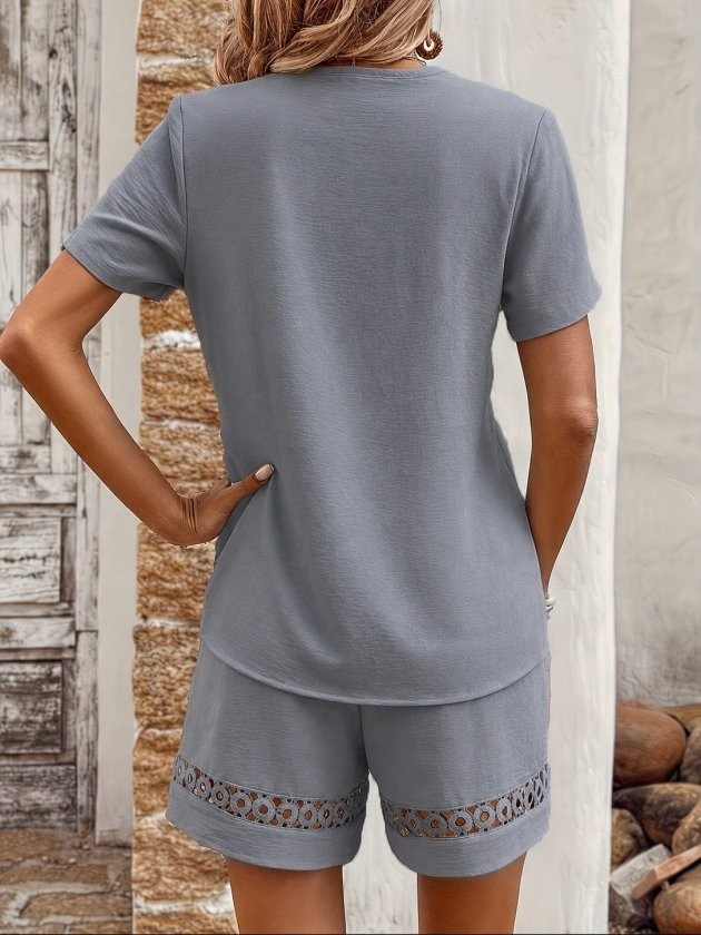 TeknoKapsül Kadın Kısa Kollu V Yakalı Bluz ve Short Ikili Takım - Gri / S-M görsel 3
