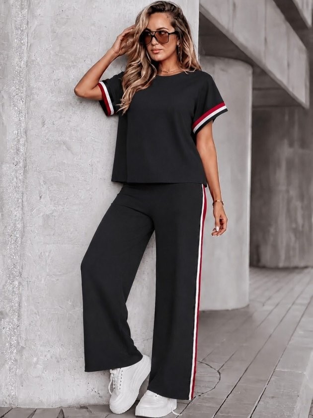 TeknoKapsül Kadın Kısa Kollu Bisiklet Yakalı Ribanalı Viskon Iki Iplik Bluz ve Pantolon Ikili Takım - Siyah / L-Xl görsel 3