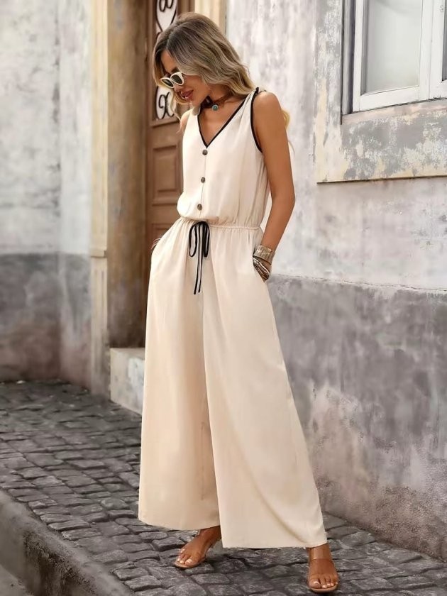 TeknoKapsül Kadın Askıdan Bağlamalı V Yakalı Belden Süs Bağcıklı Tulum - Bej / 2xl-3xl görsel 5