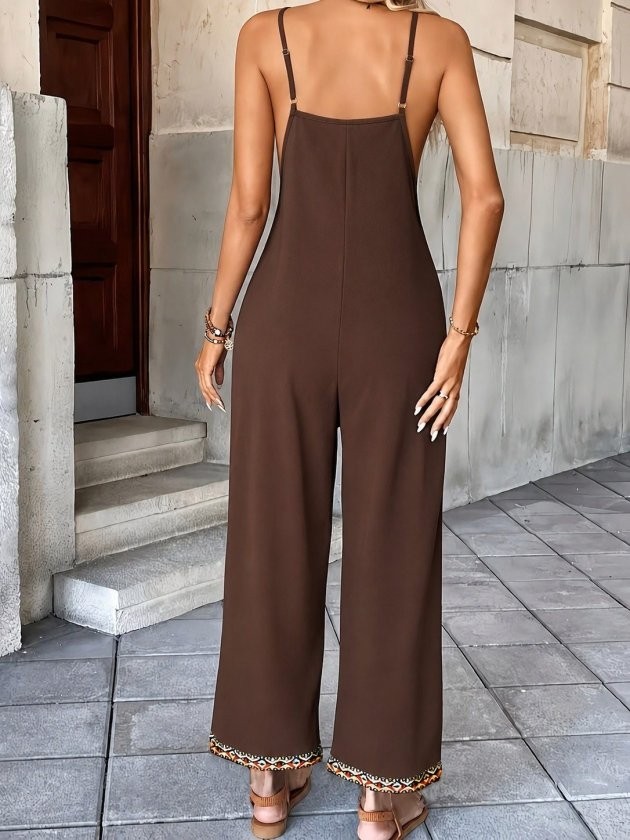 TeknoKapsül Kadın Ip Askılı V Yakalı Etnik Serit Desenli Cep Detaylı Janjan Krep Tulum - Kahve / 2xl-3xl görsel 3