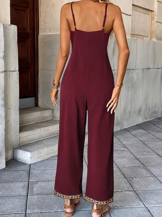 TeknoKapsül Kadın Ip Askılı V Yakalı Etnik Serit Desenli Cep Detaylı Janjan Krep Tulum - Bordo / 2xl-3xl görsel 2
