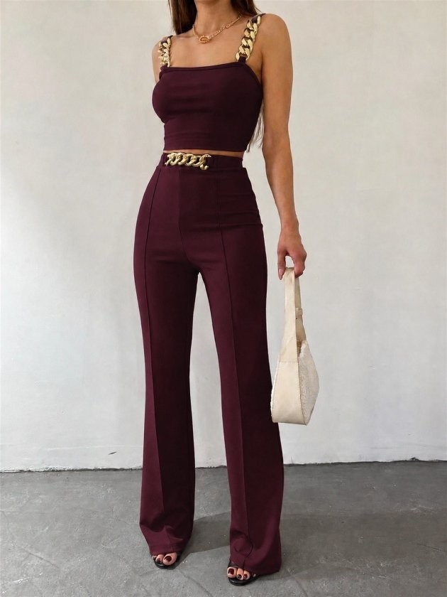 TeknoKapsül Kadın Zincir Askılı Krop Ithal Krep Bluz ve Pantolon Ikili Takım - Bordo / 2xl-3xl görsel 2