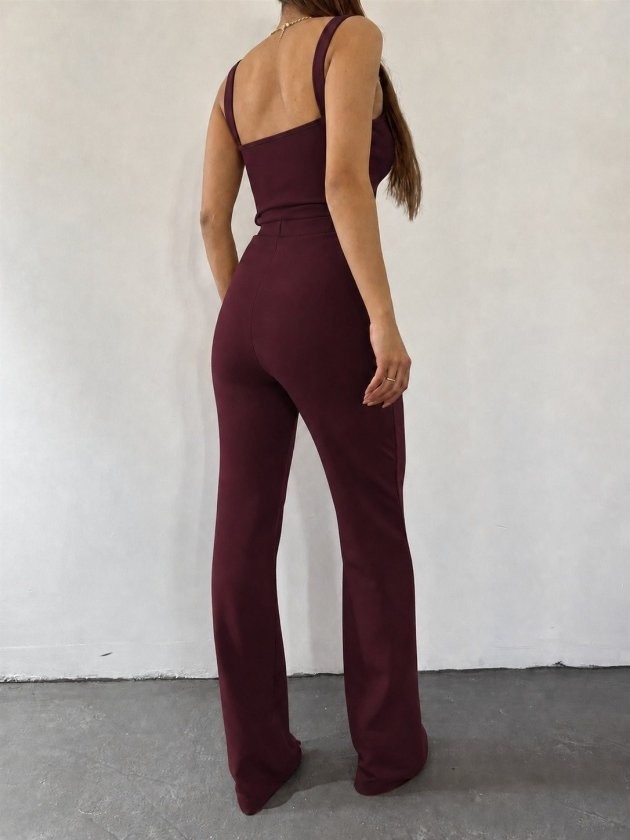 TeknoKapsül Kadın Zincir Askılı Krop Ithal Krep Bluz ve Pantolon Ikili Takım - Bordo / 2xl-3xl görsel 3