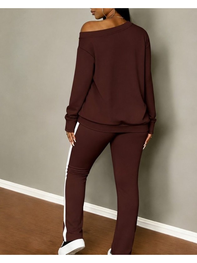 Alyn Wear Kadın Tek Omuzdan Açık Uzun Kollu Viskon Iki Iplik Bluz ve Yan Şerit Detaylı Pantolon Ikili Takım görsel 2