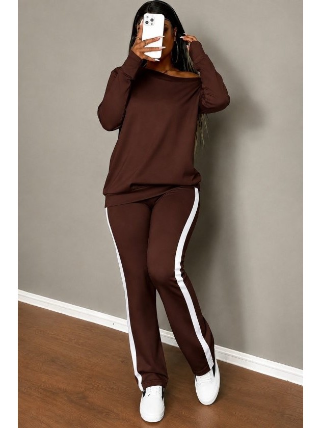 Alyn Wear Kadın Tek Omuzdan Açık Uzun Kollu Viskon Iki Iplik Bluz ve Yan Şerit Detaylı Pantolon Ikili Takım görsel 3