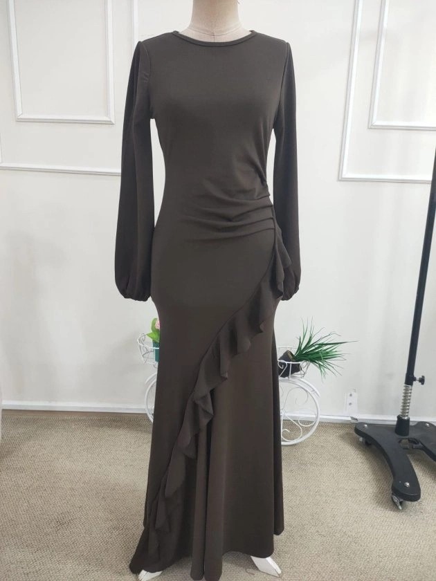 Lune Store Kadın Uzun Kollu Bisiklet Yakalı Önden Fırfırlı Uzun Janjan Krep Elbise görsel 4