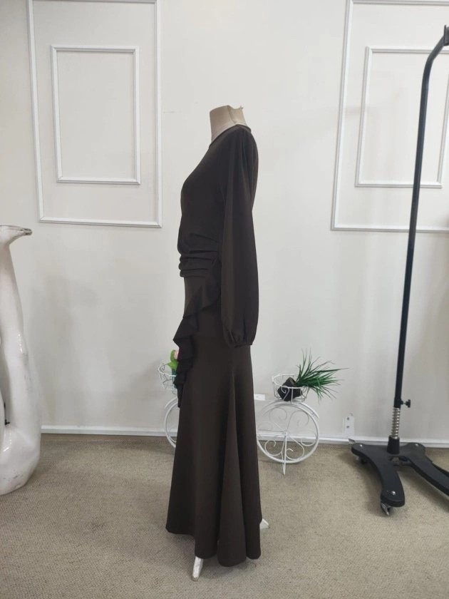 Lune Store Kadın Uzun Kollu Bisiklet Yakalı Önden Fırfırlı Uzun Janjan Krep Elbise görsel 5