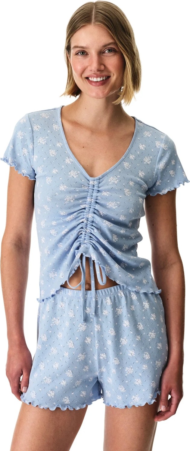 Penti Mavi Coralie Pointel Çıtır Çiçek Desenli Kısa Kollu Şort Pijama Takımı
