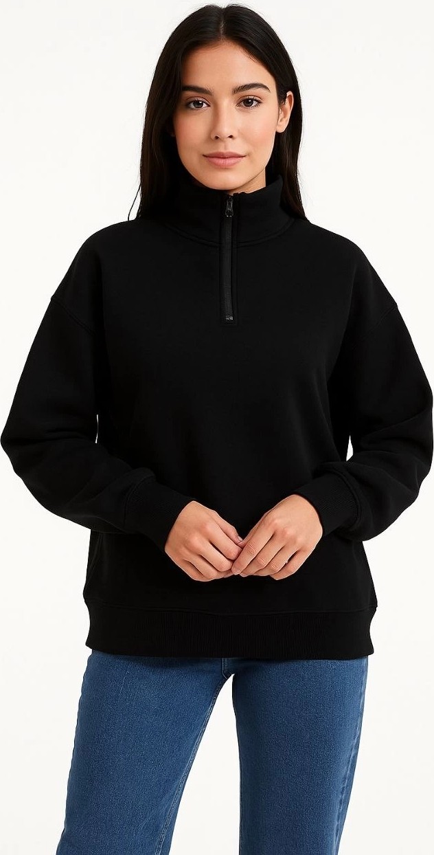 Novalisse Kadın 3 Iplik Pamuklu Dık Yaka Yarım Fermuarlı Sweatshirt - Siyah görsel 5